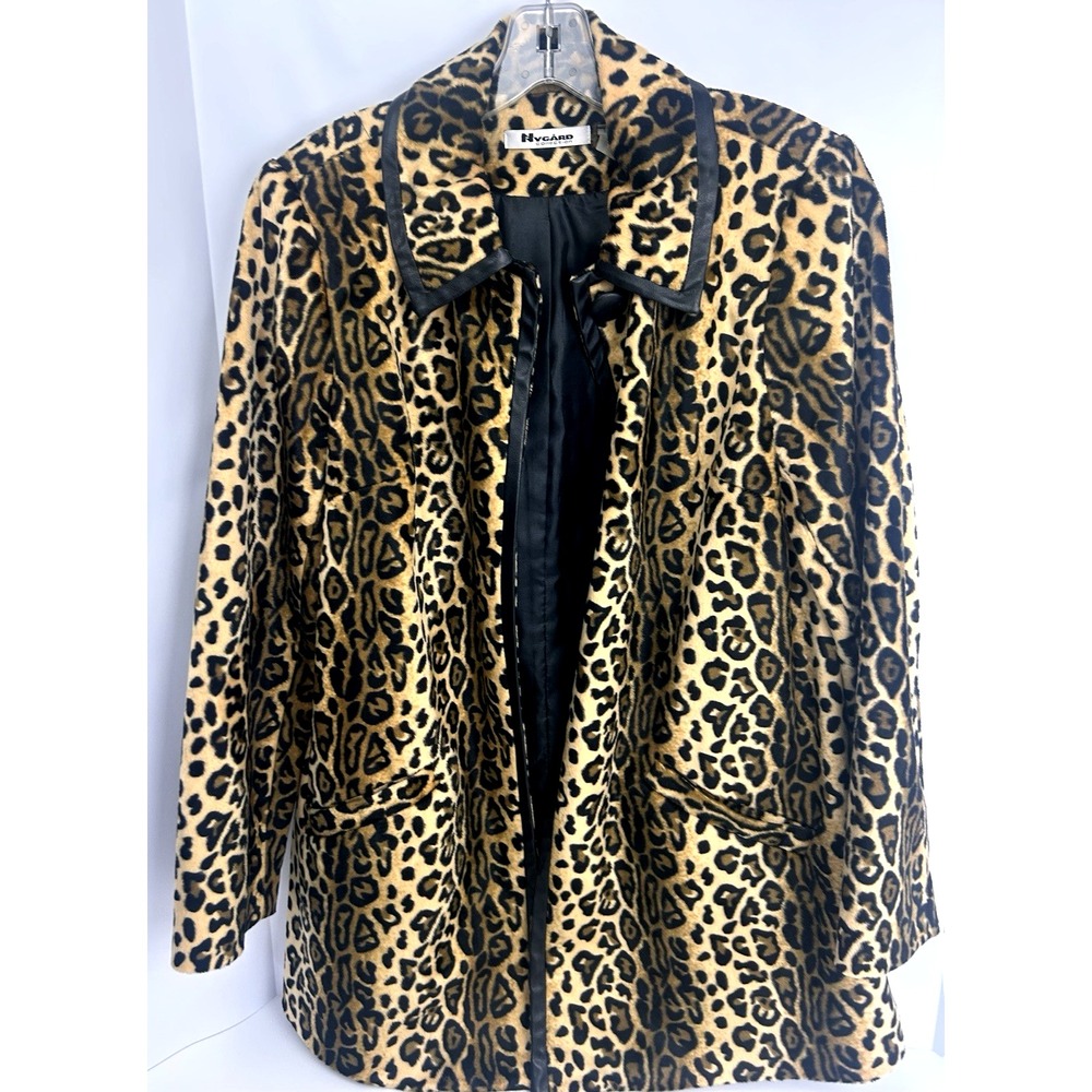 Nygard Collection Leopard Print Faux Fur Jacket Leather Trim Tan Brown Womens M‎